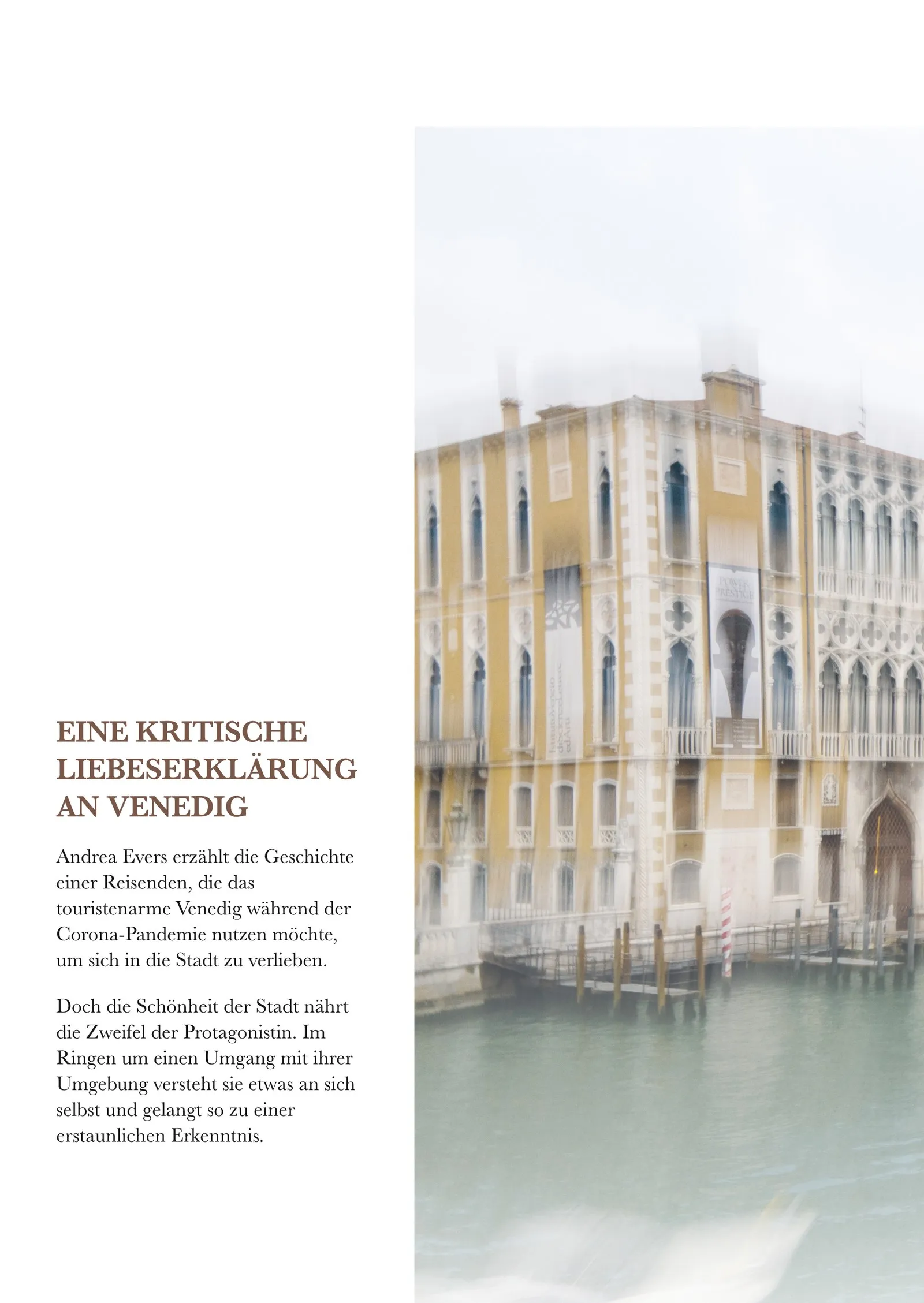 Buchrückseite „Venedig — Eine Stadt für die Augen": Eine kritische Liebeserklärung an Venedig — Klappentext neben einer impressionistischen Fotografie eines venezianischen Palazzo am Wasser